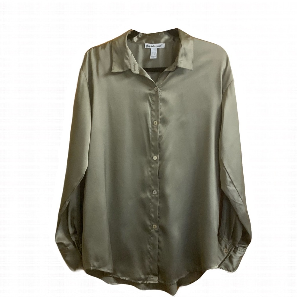 Charlotte Russe Satin Olive Button-Front Blouse Size Medium